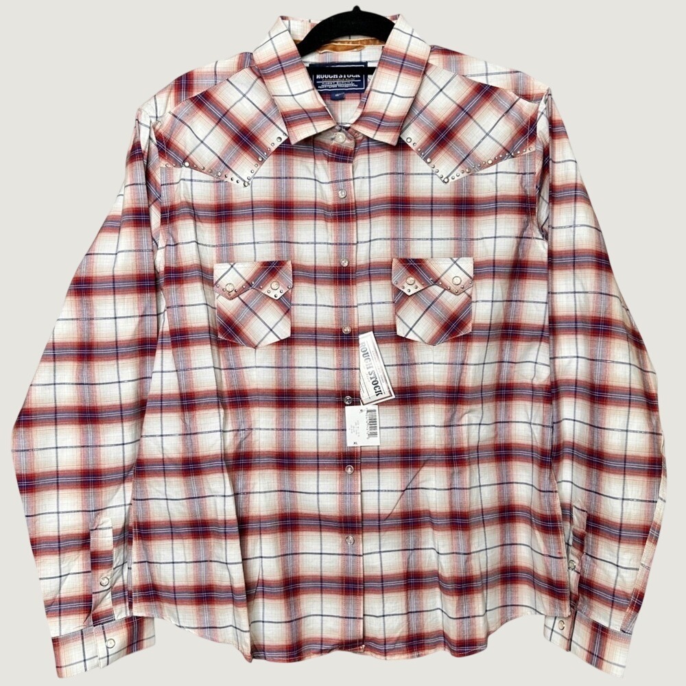 NWT Western Panhandle Rough Stock Pearl Snap Cowgirl Sawtooth Shirt Women XL Red